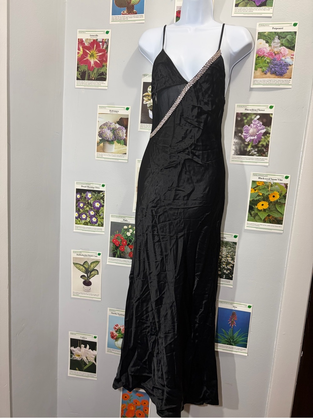 Zara Black Maxi Slip Dress with Diagonal Crystal Trim